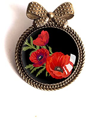 Broche cabochon, Coquelicots, fleurs rouge et noir, bronze