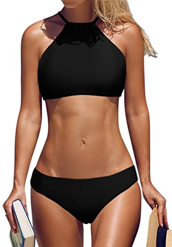 beautyin Womens Black Bikini High Neck Swimsuits Halter Top Bathing Suits