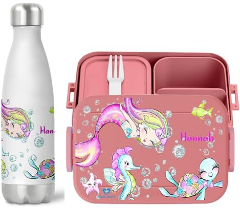 wolga-kreativ Personalisiertes Set Mepal Brotdose und Trinkflasche Meerjungfrau Schildkröte für Jungen und Mädchen - Bento Lunchbox mit Fächern und Unterteilung Geschenk Schule Kindergarten