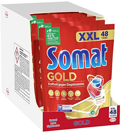 Somat Gold Spülmaschinen Tabs, 288 (6 x 48) Tabs, Geschirrspül Tabs mit Extra-Kraft gegen Eingebranntes und Glanz-Effekt