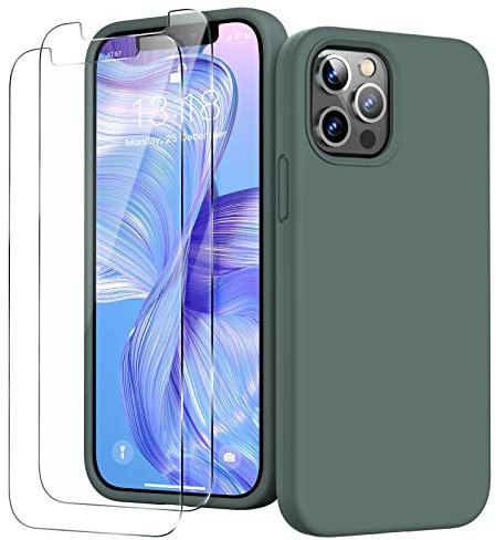 GOODVISH 3 in 1 Designed for iPhone 12 Case, iPhone 12 Pro Case with 2 Screen Protector, Liquid Silicone Soft Phone Case with Microfiber Lining Shockproof Full Protection Cover 6.1inch, Pine Green