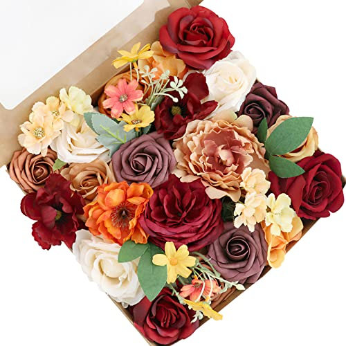 Fouriding Künstliche Blumen, Kunstblumen Gefälschte Rosen Combo DIY für Blumenarrangements, Blumensträuße, Hochzeitsdekoration,Zuhause Dekoration (Weinrot orange)