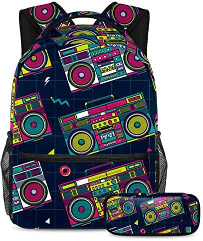Retro Pop Radio Schulranzen Set für Teenager Mädchen Jungen Kinder, Schüler Büchertasche Rucksack mit Federmäppchen für Primary Secondary Junior, multi Schulranzen-Sets