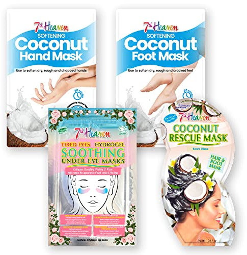7th Heaven Soothing Spa Bundle with Coconut Hair Mask, Under Eye Gel Patches, Hand Mask Gloves and Feet Masks - Genuine 7th Heaven Vegan Skincare
