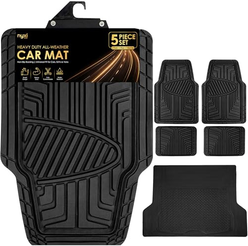Nyxi 5 Piece Heavy Duty Rubber Car Mat XL Boot Mat (Front + Rear + Boot Mat 137cm X 110cm) Universal Non-Slip Deep Dish Heavy Duty for Cars SUV Truck and VAN, Water Proof, All Weather