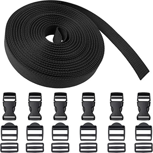 Gurtband Set mit 18 Schnallen, 6 Meter Länge, 15 mm Breite, in Schwarz, Gurt Band aus PET Material, Gurt Riemen Set mit je 6 x 15 mm Steckschnalle, Leiterschnalle, Stegschnalle, Taschengurt DIY Kit
