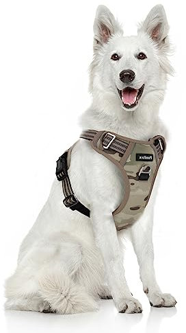 Funfox Hundegeschirr Grosse Hunde [XL] - Verstellbares Anti-Zug Brustgeschirr mit Griff & Reflektorstreifen, Atmungsaktives No Pull Hundegeschirr für Grosse/Mittelgroße Hunde Outdoor Tarngrün