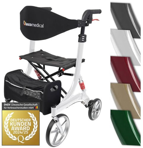 Leichtgewicht-Rollator Spring - Gehhilfe mit Komfort-Federung - höhenverstellbar & faltbar - inklusive Netztasche & Rückengurt - bequeme Sitzfläche - zusammenklappbar - Modell L Polarweiß