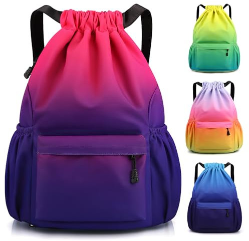 Sarsumir Mochila Cuerdas para Mujer Hombre, Impermeable Bolsa de Cuerdas Gran Capacidad Mochila Deportiva para Compras Yoga Deporte Viajes, Rosado Morado