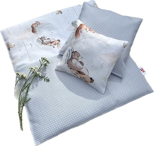 Grau Puppenbettwäsche aus Baumwolle mit Tieren (30-35 cm)