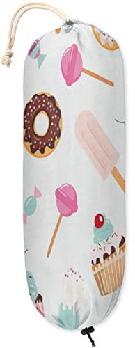 Doughnut Candy Plastic Bag Holder Wall Mount Grocery Bag Holder Reusable Trash Bag Organizer Washable Large Grocery Bag Storage Dispenser for Kitchen Pantry