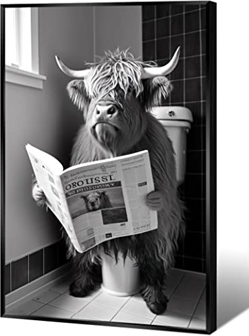 KOEUIRW Lustige Hochland-Kuh-Badezimmer-Wandkunst schwarz und weiß Longhorns in Toilette Ästhertic Poster Vintage Niedlicher Tierdruck Gemälde Modern Bauernhaus Wanddekoration für Badezimmer 40,6 x 61