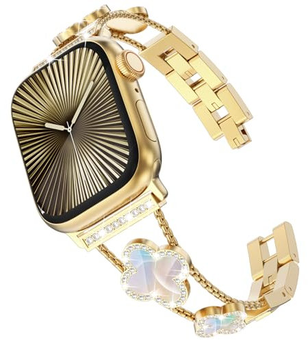 KADES Edelstahlarmband für Apple Watch Armband Damen,Glitzer Diamant Gliederarmband für Apple Watch SE,Metallarmband für Apple Watch series 10 42mm,9/8/7 41mm,6/5/4 40mm,3/2/1 38mm,Gold/Irisierend