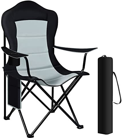 WOLTU Campingstuhl klappbar, Leichter Klappstuhl für Outdoor, Angelstuhl, mit Becherhalter Seitentasche, bis 150 kg belastbar, für Camping Strand Garten Terrasse, Schwarz + Hellgrau