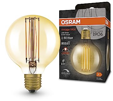 OSRAM Vintage 1906 LED-Lampe mit Gold-Tönung, 8,8W, 806lm, Kugel-Form mit 80mm Durchmesser & E27-Sockel, warmweiße Lichtfarbe, gerades Filament, dimmbar, bis zu 15.000 Stunden Lebensdauer