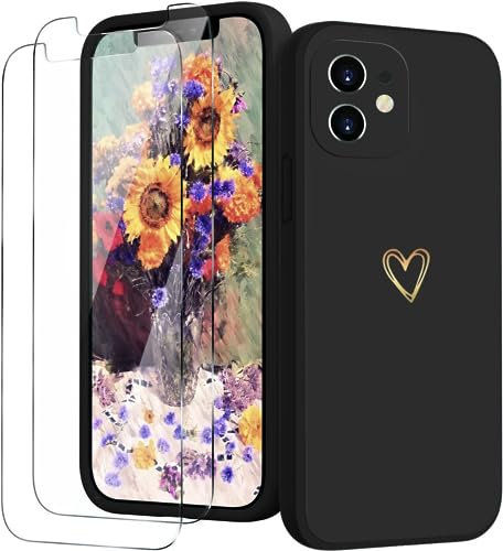 Handyhülle für iPhone 12 Hülle mit 2 Stück 9H Panzerfolie Schutzglas, iPhone 12 Hülle Fashion Gold Herz Muster Kameraschutz Weich TPU Silikon Schutzhülle Case Hülle - Schwarz