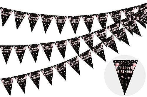 Cheereveal Happy Birthday Decorations Black and Rose Gold, Birthday Bunting Banner, 36 Pieces Triangle Flag, Pennant Banner for Women Girls, 18th 21st 30th 40th 50th 60th Birthday Party Supplies