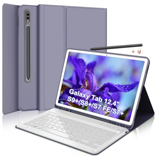 SENGBIRCH New Keyboard Case for Samsung S9 FE+/ S9 Plus 12.4 inch - Detachable Wireless Keyboard, Protective Folio Cover with Bluetooth Keyboard - Purple