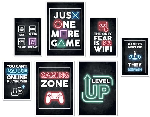 Hyggelig Home Premium Poster Set - 7 passende Bilder im stilvollen Set - Collage Deko - 3 x DIN A3 + 4 x DIN A4 - Set Gaming mit Rahmen weiss