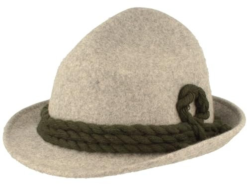 Breiter Original Herren Trachtenhut Filzhut Wanderhut Spitzkopf 100% Wolle mit Wollkordel - Hellgrau S