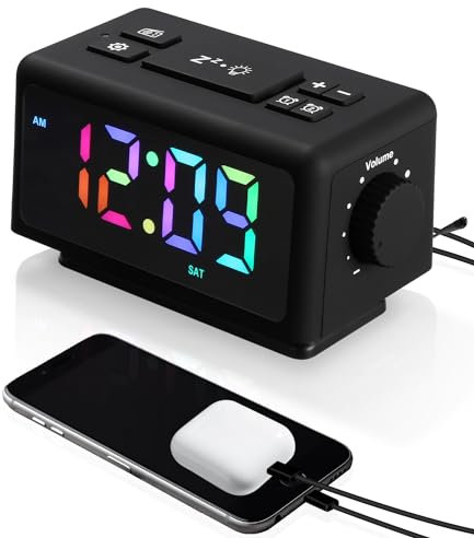 Radio Reveil Digital avec 2 Réveils,Électronique Réveil Numérique avec 11 Modes Lumière,LED Horloge Digitale,Snooze,Aide au Sommeil,Minuterie,12/24h,Volume de l'alarme Réglable,Port de Recharge USB