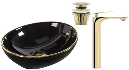 GTM Design Aufzatzwaschbecken mit Armatur - Waschbecken mit Hahn - Waschbeckenarmatur Gold - Aufzatzwaschbecken Oval - Waschbecken Schwarz/Gold Glanz - Aufsatzwaschbecken mit Armatur komplett Set
