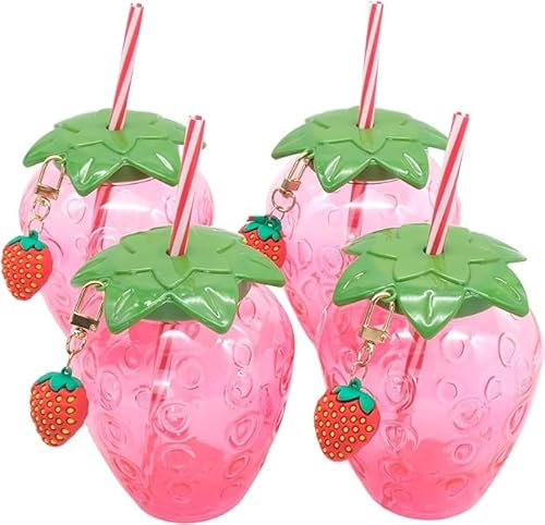 AMJKEJI 4 Stück 500ml Erdbeerbecher mit Strohhalm, Kunststoff Trinkbecher mit Deckel Kawaii-Tasse Milchbecher Wasserbecher Whiskeygläser Kaffeebecher für Zuhause, Büro, Schule, Bars, Gaststätten