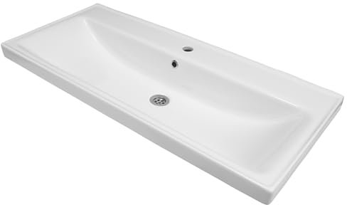 Keramik Einbauwaschbecken Sky 100 cm Breit Weiß | eckige Form mit Hahnloch & Überlauf| 100 x 10 x 45 cm | Waschbecken Gästewaschbecken Handwaschbecken Badezimmer WC
