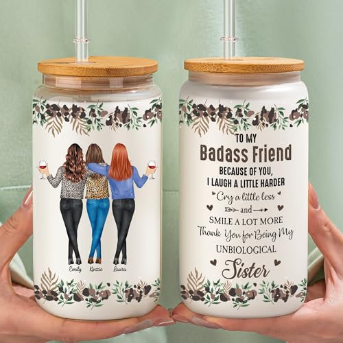 Canette en verre personnalisée avec couvercles et pailles, cadeau de fête des mères pour femme, cadeau d'anniversaire pour meilleure amie, sœurs, meilleure amie (Bestie 1)