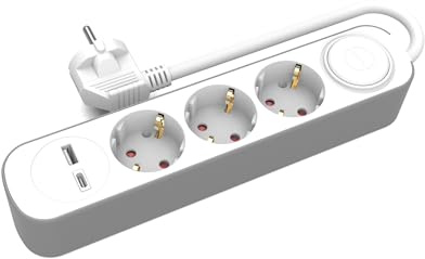 KEL Steckdosenleiste mit 3 FachMehrfachsteckdose, USB Type-A und 1 Type-C Anschluss; 5 m Verlängerungskabel mit Schukostecker und EIN-/Ausschalter; 3680 Watt Steckdosen; Dreifachsteckdosen - weiß