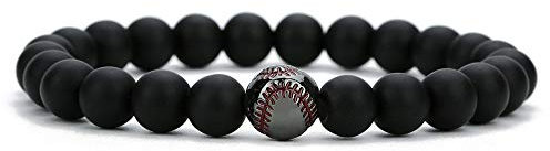 SMTSEC 8mm Schwarzes Mattes Armband Baseball Charm Armband Gefrostete Runde Perlen Modischer Armreif Unisex Sportstil Stretch Armband Naturstein Perlen Yoga Armband für Männer und Frauen