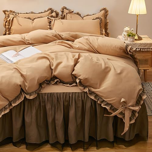 GETIYA Damen Mädchen Bettwäsche 135x200 Khaki Hellbraun Rüschen Unifarben Schleife Weich Mikrofaser Bettbezug Einzelbett 80x80