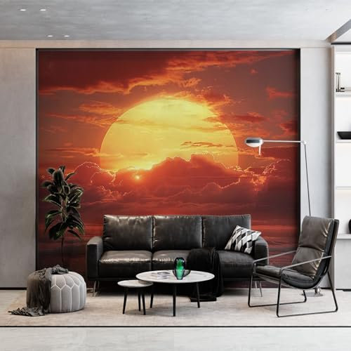 Papier Peint Panoramique Mer Du Nord Coucher De Soleil Nuages, 250 x 175 cm (WxH) Poster Mural, Orange Peinture Murale pour Salon Chambre Chambre d'enfants restaurant Décoration Murale