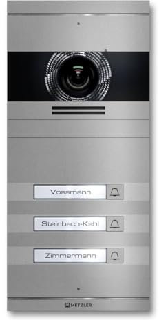 Metzler VDM10 2.0 Video Sprechanlage mit Türöffner (Stromversorgung) & Namensschild - Anschluss 2-Draht - Türsprechanlage mit HD-Kamera, für 3 Familienhaus, in Grau aus V2A Edelstahl