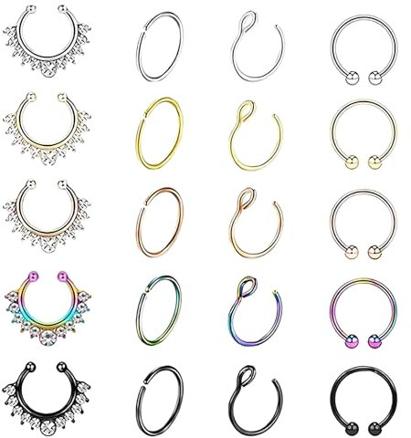 lafomukea 20 Stück Fake Nasenpiercing, Fake Septum Rings Faux, Edelstahl Faux Lippen, Non Pierced Nasen Septum Ring, Body Piercing Schmuck für Frauen, Männer