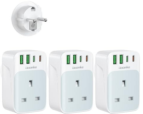 3 Pack European Plug Adapter, UK to European Plug Adaptor with PD 35W Fast Charging USB C Port and 2 USB A Ports European Plug Travel Adapter for Germany/France/Spain/Portugal/Poland(Type E/F)