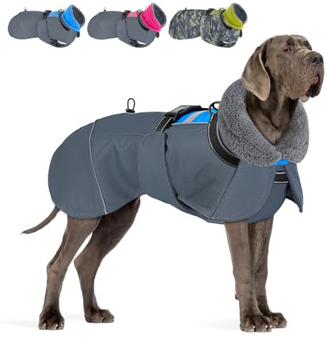 Eyein Hundemantel Winter für Große Hunde, Wasserdicht Hundejacke mit warmem Fleecefutter und Halsband, Winddichter Wintermantel Hund mit Bauchschutz und Verstellbarem Brustriemen, Blau, XL