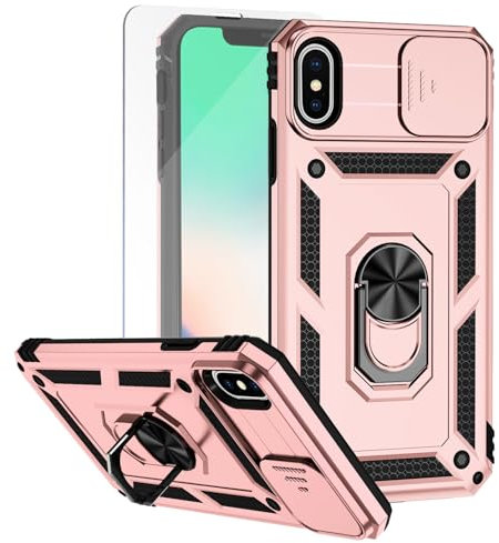 Teayoha for iPhone Xs Max Phone Case, with Screen Protectors and Camera Cover, Military Grade Shockproof Cover with Magnetic Rotatable Ring Kickstand Protective Case for iPhone Xs Max,Rose Gold