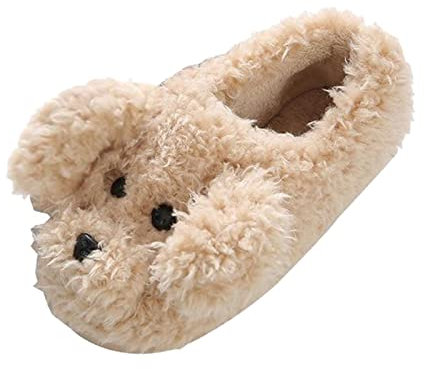 Carino Cartone Animato Pantofole Cani Donna Uomo Autunno Inverno, Morbide Ciabatte Pelose Antiscivolo Casa Retro Chiuso, Invernali (Khaki, 36)