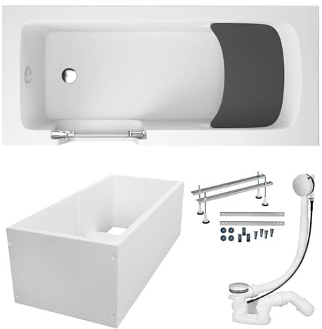 KOLMAN KOMPLETTSET 6in1 Acryl Weiß Wanne Badewanne Rechteck + Wannenträger, 170x75 cm, Seniorenbadewanne mit Glastür und Holzsitz VOVO Links, Made in EU, Premium Ablaufgarnitur in Chrom & Wannenfüße