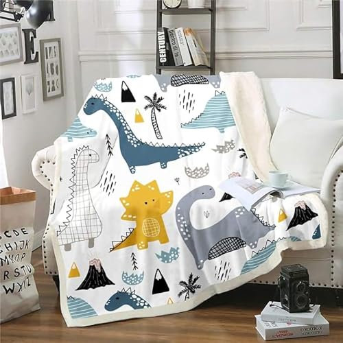 ZZTBQ Dinosaurier Drucken Kuscheldecke für Erwachsene Karikatur Dinosaurier Warm Sherpa Decke Dicke Sofa Flanell Fleecedecke 150x200cm Dinosaurier Muster Überwurfdecke für Bett Flauschige Wohndecke