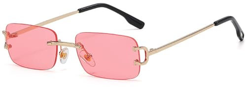 Laurinny Vintage Rimless Sunglasses Retro Rectangle Sunglasses for Men Women Trendy Sun Glasses Shades 90s Eyewear(Gold/Rose Red)