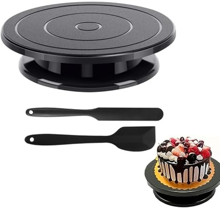SHZMJL Kuchen-Drehteller, 27,9 cm, Kuchen-Drehteller zum Dekorieren, Kuchen-Drehständer mit 2 Spateln, drehbarer schwarzer Malerei-Drehtisch für Gebäck, Cupcakes und Kuchendekorationen