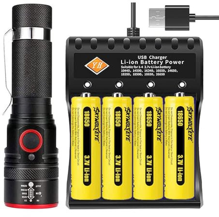 VISVIC Helle Taschenlampe mit Universal-Ladegerät und wiederaufladbaren 4PCS 18650-Batterien, 3 Modi, 2000 Lumen, tragbar, kompakt