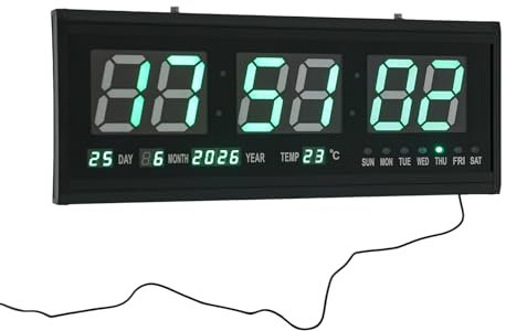 PurpleMinder 48cm Nachtlicht Wanduhr Digitaluhr, Stumme LED Leuchtende Kalenderuhr Temperatur Wanduhren Digitaluhr Ziffer Display Tischuhr für Zimmer Küche Büro, 220V Stecker