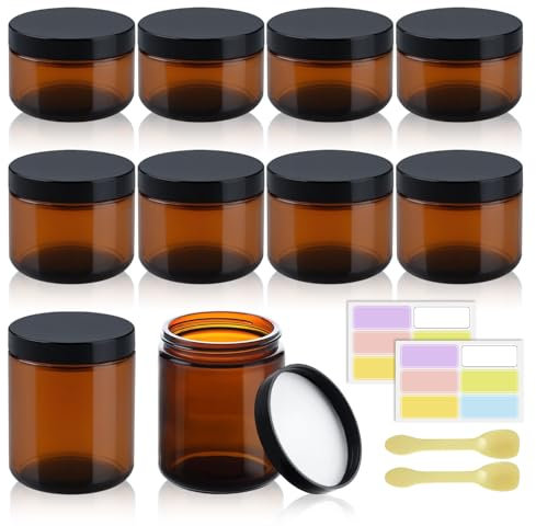 Lot de 10 pots à pommade à remplir avec différentes crèmes, bouteilles vides en verre ambré avec couvercle, pour échantillons de voyage, pour cosmétiques, lotions, crèmes, etc.