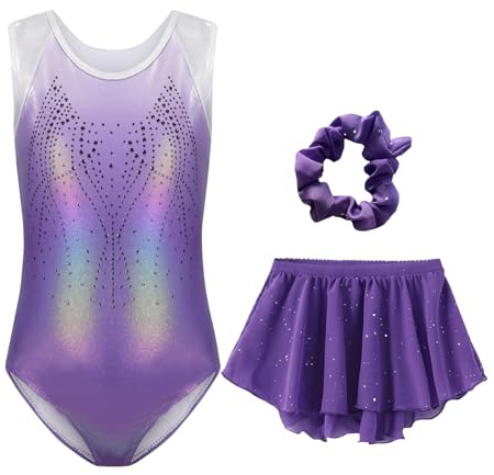 Happy Cherry Bambina Body da Ginnastica Smanicato con Gonna+Fascia per Capelli 3 Pezzi Costume da Danza Balletto Gara Artistica Body Brillante Paillettes Viola per Ragazze 9-10 Anni