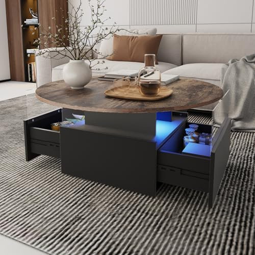 radelldar Couchtisch rund, Wohnzimmertisch mit 16-Farbiger LED Beleuchtung, für Wohnzimmer 80 x 80 x 40cm (Schwarz+Braun)