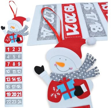 Przydasie Filz-Adventskalender 75x15 cm – 24 Taschen für Geschenke & Süßigkeiten – Aufhängbar, Wiederverwendbar & Weihnachtsdeko mit Schneemann-Motiv