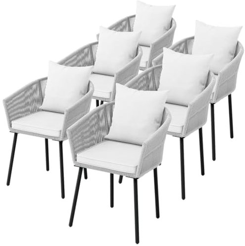 STEELSØN Gartenstuhl Nair 6er Set, Armlehnenstuhl aus Rattan, Balkonstuhl mit Sitzkissen, pulverbeschichtetes Stahlgestell, Hellgrau